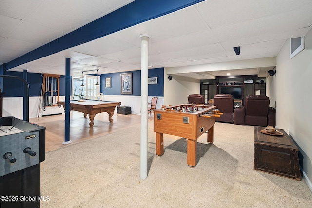 18 Beresford Rd, Clifton Park, NY 12019 - game room featuring carpet, pool table, a paneled ceiling, and wainscoting