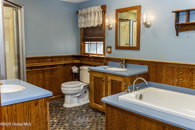 8 Burning Bush Blvd, Clifton Park, NY 12019 - full bathroom featuring wainscoting, vanity, a bath, and a shower stall