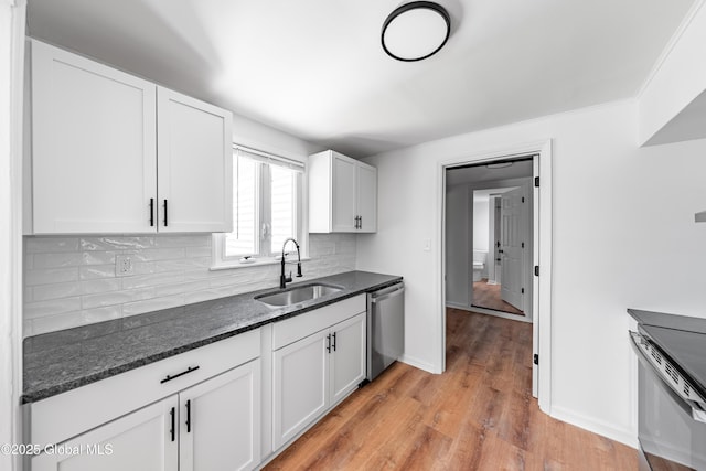 2095 Fiero Ave, Rotterdam, NY 12303 - kitchen featuring stainless steel appliances, decorative backsplash, dark stone counters, and white cabinets