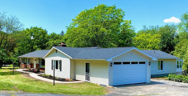 3 Olcott Ln, East Greenbush, NY 12144 - single story home with driveway, an attached garage, a front lawn, roof with shingles, and a chimney