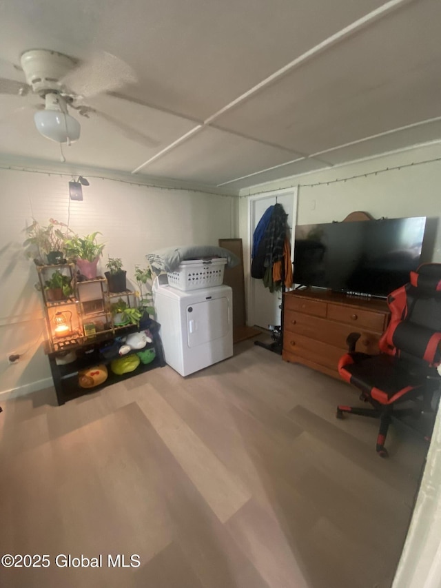 34 Quaker St, Granville, NY 12832 - laundry area with washer / clothes dryer, wood finished floors, and ceiling fan