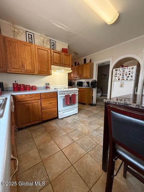 527 Pawling Ave, Troy, NY 12180 - kitchen featuring white appliances, under cabinet range hood, ornamental molding, and brown cabinetry