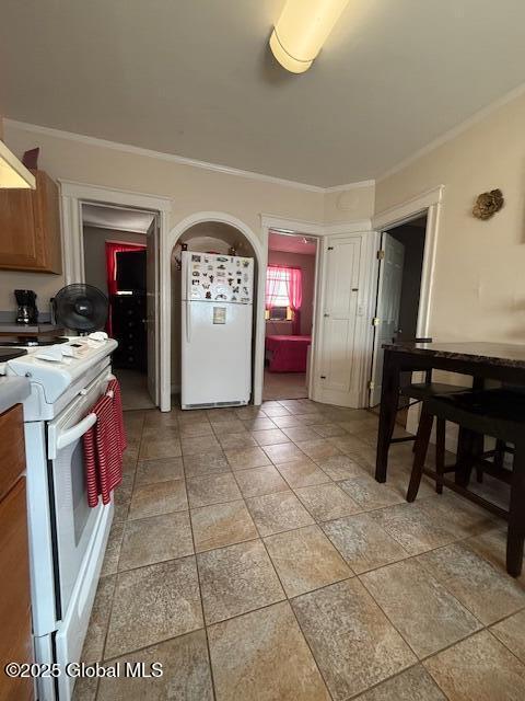 527 Pawling Ave, Troy, NY 12180 - kitchen featuring white appliances and ornamental molding