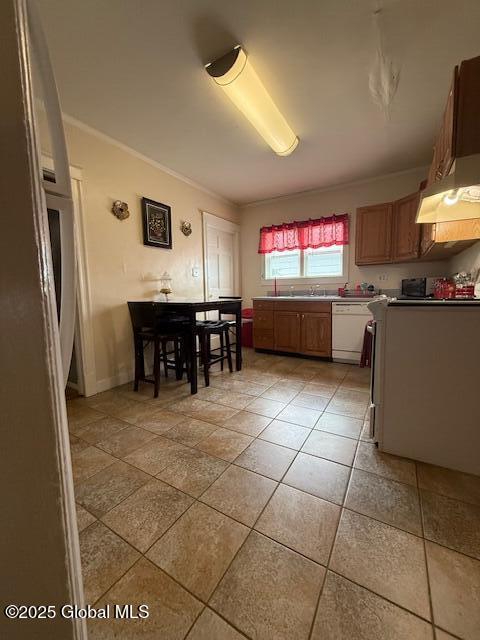 527 Pawling Ave, Troy, NY 12180 - kitchen with dishwasher, range hood, ornamental molding, light tile patterned floors, and brown cabinets