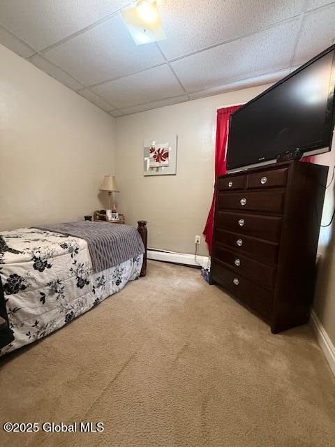 527 Pawling Ave, Troy, NY 12180 - bedroom with a drop ceiling, light colored carpet, and baseboard heating