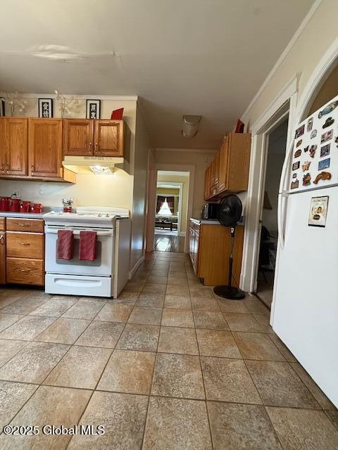 527 Pawling Ave, Troy, NY 12180 - kitchen featuring white appliances, under cabinet range hood, brown cabinets, and light countertops