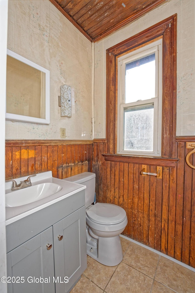 850 Peoples Ave, Troy, NY 12180 - half bathroom with wooden ceiling, vanity, tile patterned floors, and wood walls