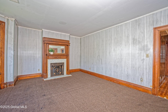 850 Peoples Ave, Troy, NY 12180 - unfurnished living room with a fireplace, carpet floors, and ornamental molding