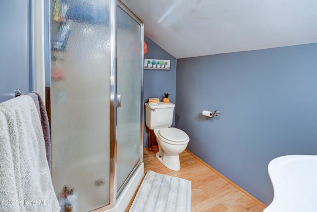 1330 State Highway 67, Johnstown, NY 12095 - full bathroom featuring vaulted ceiling, a stall shower, and wood finished floors