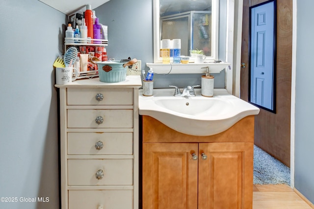 1330 State Highway 67, Johnstown, NY 12095 - bathroom with vanity, wood finished floors, and a shower with shower door
