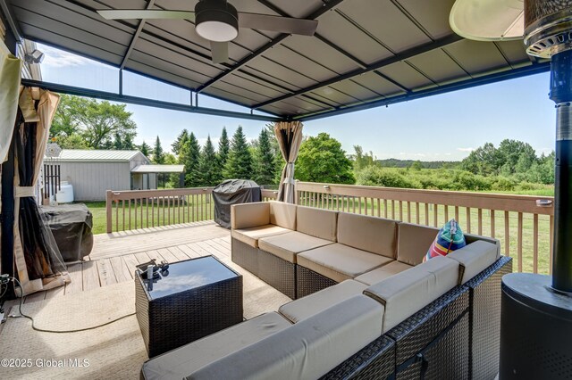 1330 State Highway 67, Johnstown, NY 12095 - wooden terrace featuring outdoor lounge area, ceiling fan, an outdoor structure, and grilling area