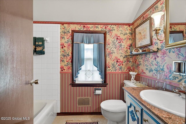 62 Pheasant Ridge Dr, Colonie, NY 12211 - bathroom with wallpapered walls, vanity, a tub, tile patterned floors, and wainscoting