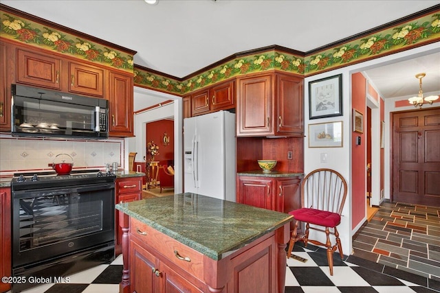 62 Pheasant Ridge Dr, Colonie, NY 12211 - kitchen with black appliances, dark flooring, a chandelier, ornamental molding, and decorative backsplash