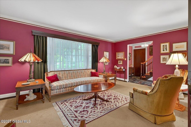 62 Pheasant Ridge Dr, Colonie, NY 12211 - living room with carpet flooring, stairway, crown molding, and a chandelier