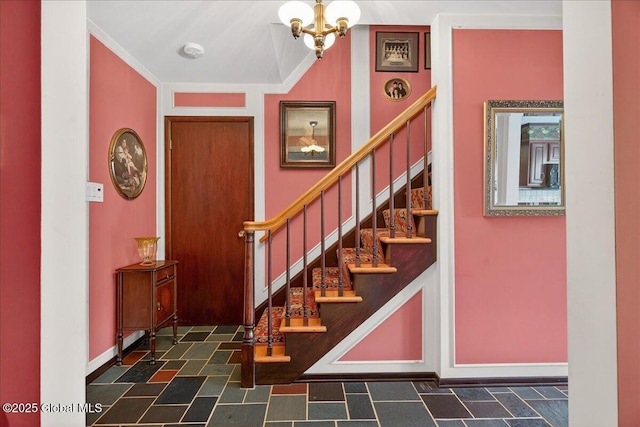 62 Pheasant Ridge Dr, Colonie, NY 12211 - staircase with stone finish floors, a chandelier, and ornamental molding