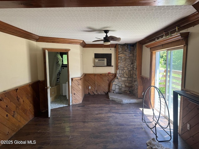 3190 State Highway 10, Johnstown, NY 12095 - unfurnished living room featuring a wainscoted wall, wooden walls, wood finished floors, ceiling fan, and crown molding