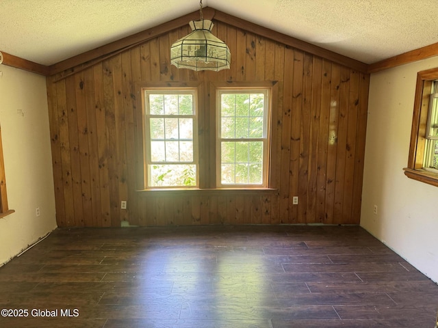 3190 State Highway 10, Johnstown, NY 12095 - spare room with dark wood finished floors, wood walls, lofted ceiling, and a textured ceiling