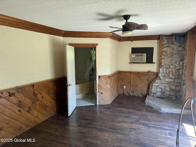 3190 State Highway 10, Johnstown, NY 12095 - spare room with wainscoting, wood finished floors, a ceiling fan, ornamental molding, and wooden walls