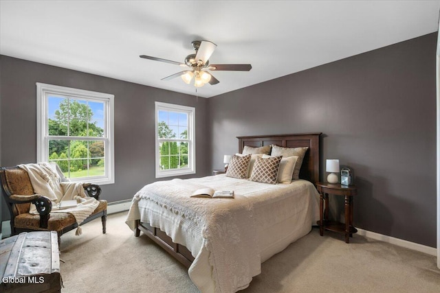 14 Maplecrest Dr, Ravena, NY 12143 - bedroom featuring light colored carpet, a baseboard heating unit, and ceiling fan