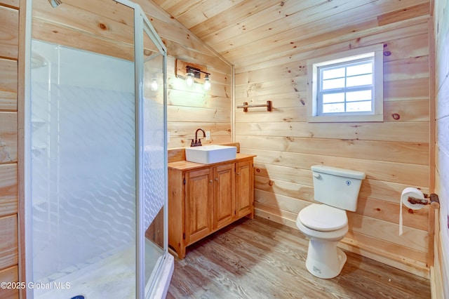 135 Lafayette St, Palatine Bridge, NY 13428 - bathroom with vaulted ceiling, vanity, wood finished floors, a stall shower, and wood ceiling