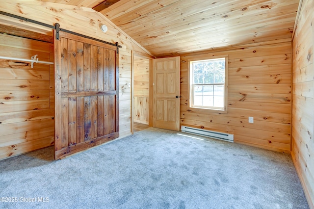 135 Lafayette St, Palatine Bridge, NY 13428 - unfurnished bedroom featuring a baseboard radiator, wood walls, wooden ceiling, lofted ceiling, and carpet floors