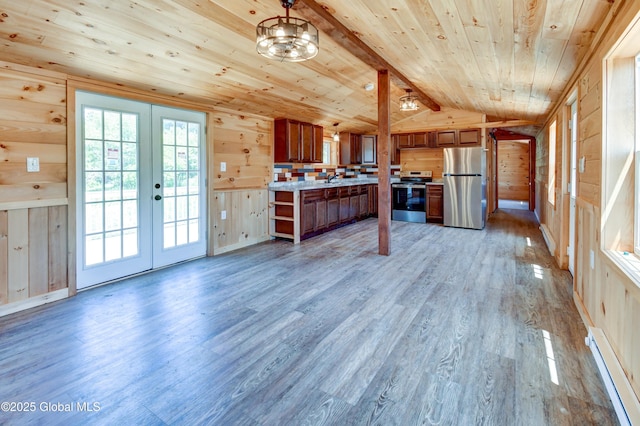 135 Lafayette St, Palatine Bridge, NY 13428 - kitchen featuring stainless steel appliances, wooden ceiling, baseboard heating, french doors, and brown cabinets