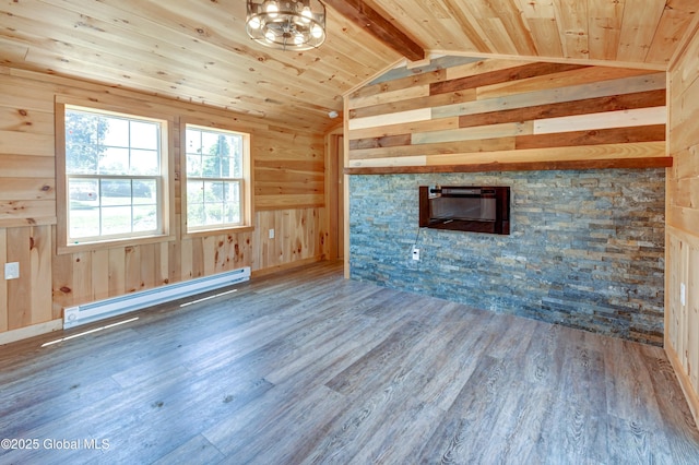 135 Lafayette St, Palatine Bridge, NY 13428 - unfurnished living room with a baseboard radiator, wooden walls, wood finished floors, wood ceiling, and a fireplace