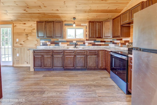 135 Lafayette St, Palatine Bridge, NY 13428 - kitchen featuring appliances with stainless steel finishes, wooden ceiling, light wood finished floors, plenty of natural light, and light stone counters