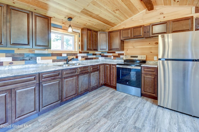 135 Lafayette St, Palatine Bridge, NY 13428 - kitchen featuring stainless steel appliances, light wood-style flooring, light stone countertops, wooden ceiling, and decorative light fixtures