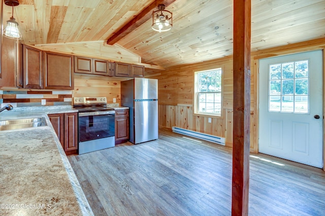 135 Lafayette St, Palatine Bridge, NY 13428 - kitchen featuring appliances with stainless steel finishes, baseboard heating, light wood-style floors, wood ceiling, and brown cabinetry