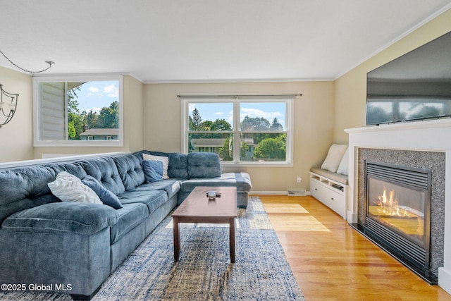 1 Tamarack Ln, East Greenbush, NY 12061 - living area with light wood-style flooring, ornamental molding, and a glass covered fireplace