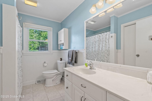 1 Tamarack Ln, East Greenbush, NY 12061 - full bathroom featuring vanity, wainscoting, ornamental molding, tile patterned floors, and curtained shower