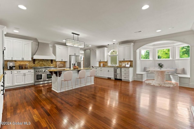 176 5th Ave, Saratoga Springs, Inside, NY 12866 - kitchen with custom exhaust hood, stainless steel appliances, dark wood finished floors, a kitchen bar, and tasteful backsplash