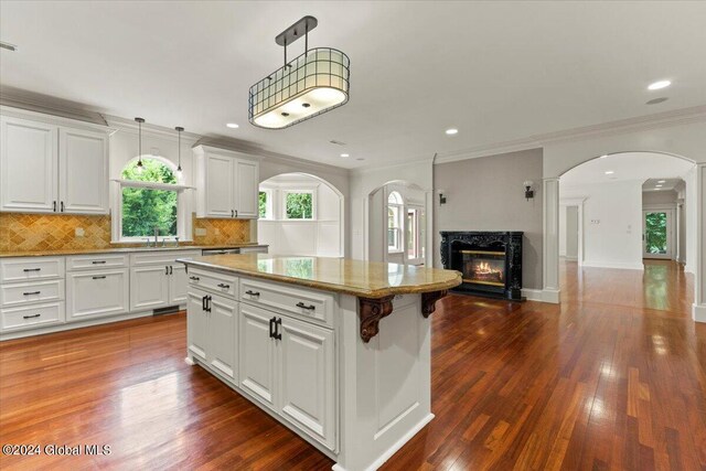 176 5th Ave, Saratoga Springs, Inside, NY 12866 - kitchen featuring arched walkways, open floor plan, a fireplace, backsplash, and ornamental molding