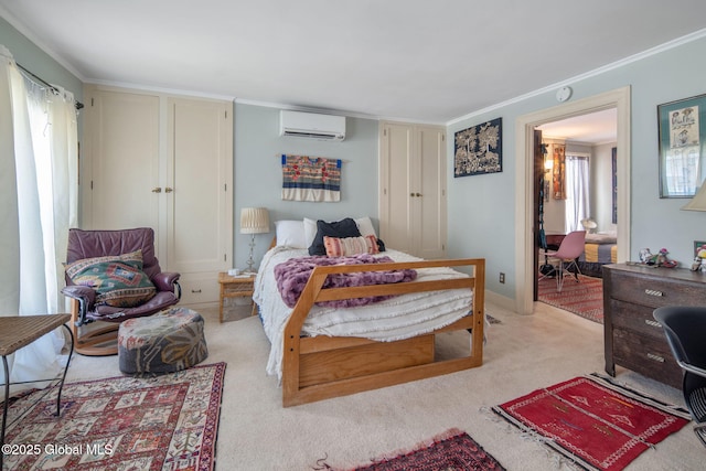 8 Front St, Schenectady, NY 12305 - bedroom with a wall mounted AC, light carpet, and ornamental molding
