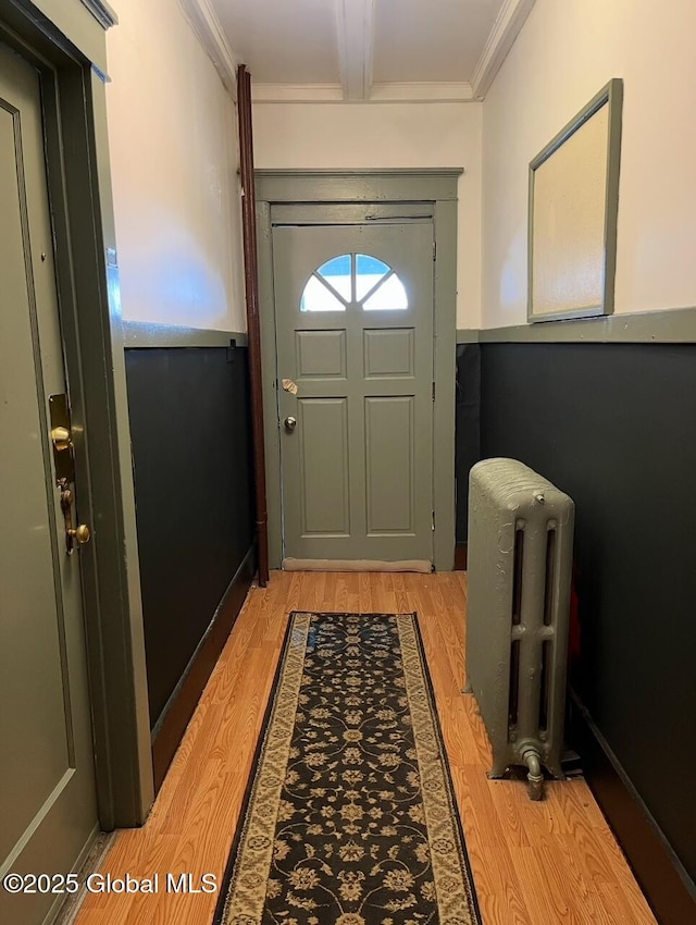 302-304 Quail St, Albany, NY 12208 - doorway with radiator, light wood-type flooring, and ornamental molding