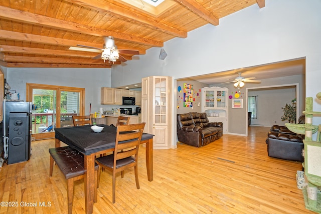 1101 Manas Dr, Schenectady, NY 12303 - dining area featuring ceiling fan, a wooden ceiling with exposed beams, light wood-style floors, high vaulted ceiling, and a skylight