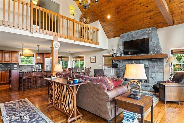 15 Green Harbour Ln, Lake George, NY 12845 - living area with wood finished floors, plenty of natural light, a chandelier, high vaulted ceiling, and wood ceiling