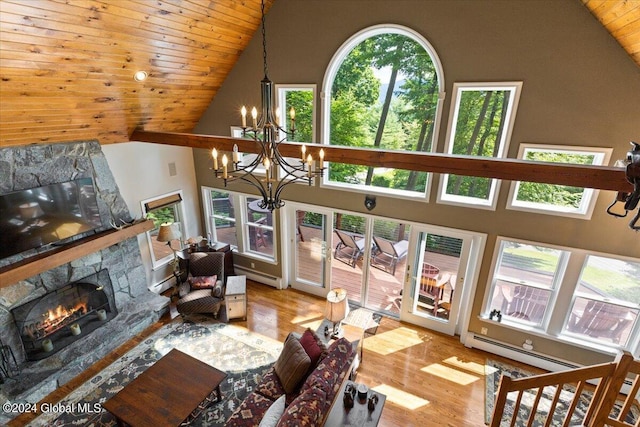 15 Green Harbour Ln, Lake George, NY 12845 - living area with baseboard heating, wood ceiling, high vaulted ceiling, a chandelier, and healthy amount of natural light