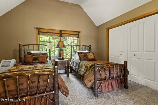 15 Green Harbour Ln, Lake George, NY 12845 - carpeted bedroom with a closet, a baseboard radiator, and high vaulted ceiling