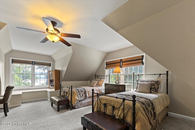 15 Green Harbour Ln, Lake George, NY 12845 - bedroom with multiple windows, carpet, vaulted ceiling, and a ceiling fan