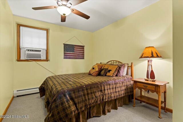 15 Green Harbour Ln, Lake George, NY 12845 - bedroom featuring a baseboard radiator, carpet flooring, cooling unit, and ceiling fan