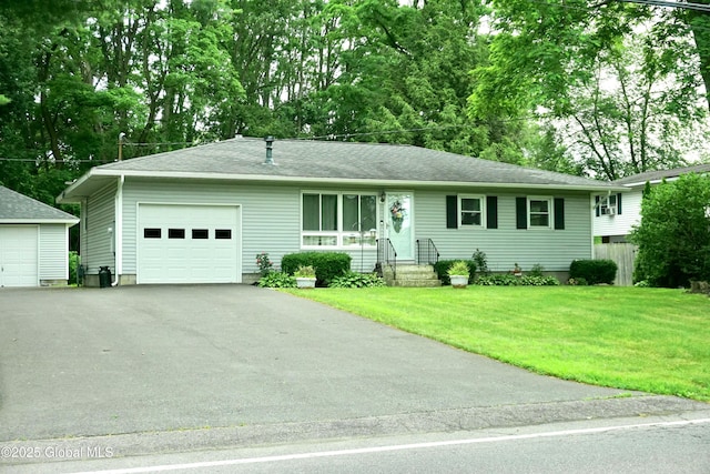 171 Consaul Rd, Colonie, NY 12205 - ranch-style home with an attached garage, a shingled roof, driveway, a front lawn, and entry steps