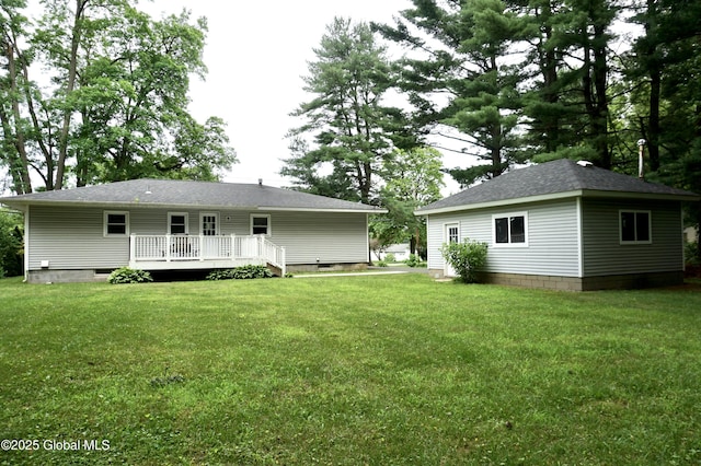 171 Consaul Rd, Colonie, NY 12205 - rear view of house featuring a wooden deck, a lawn, and crawl space