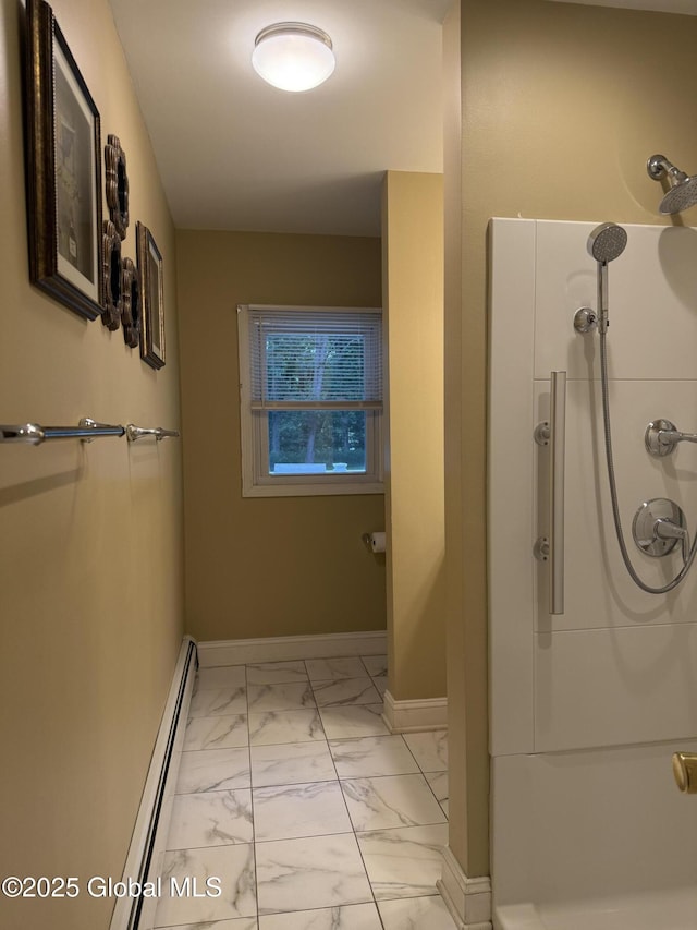 171 Consaul Rd, Colonie, NY 12205 - full bathroom with a baseboard radiator, marble finish floors, and a shower