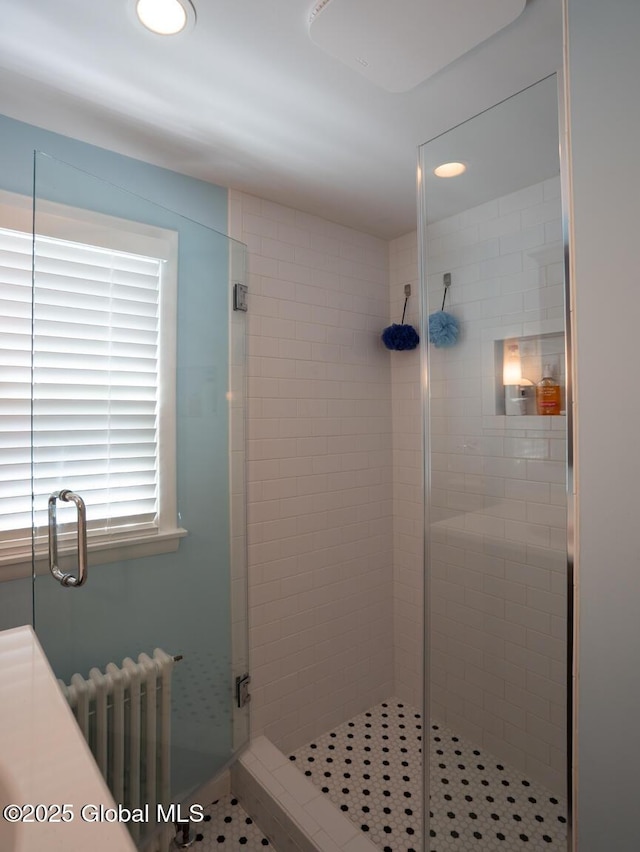 2 Arthur Rd, Colonie, NY 12110 - full bath with radiator, a shower stall, and recessed lighting
