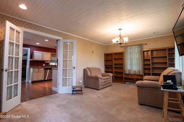 19 Meadow Rd, Hudson Falls, NY 12839 - living area featuring wallpapered walls, french doors, carpet flooring, crown molding, and a chandelier