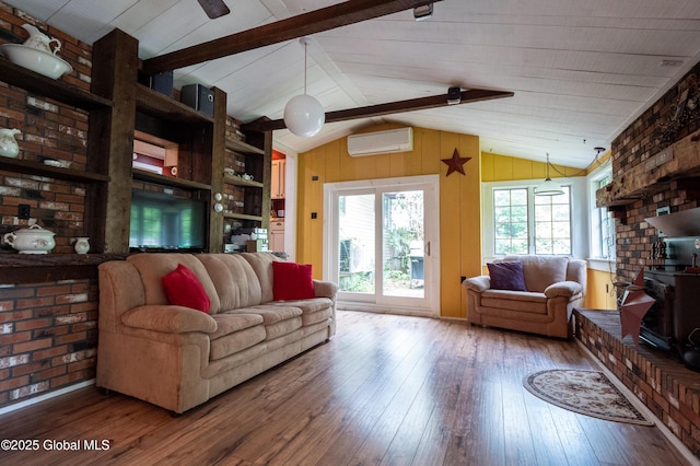 19 Meadow Rd, Hudson Falls, NY 12839 - living room with a wall mounted AC, hardwood / wood-style flooring, and wooden walls