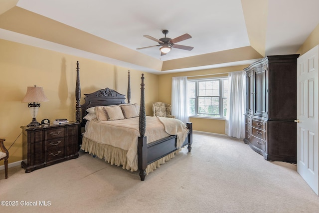 16 Callaway Cir, Colonie, NY 12211 - bedroom featuring light carpet, a raised ceiling, and a ceiling fan