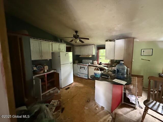 178 E High St, Malta, NY 12020 - kitchen with white appliances, a peninsula, a ceiling fan, and lofted ceiling